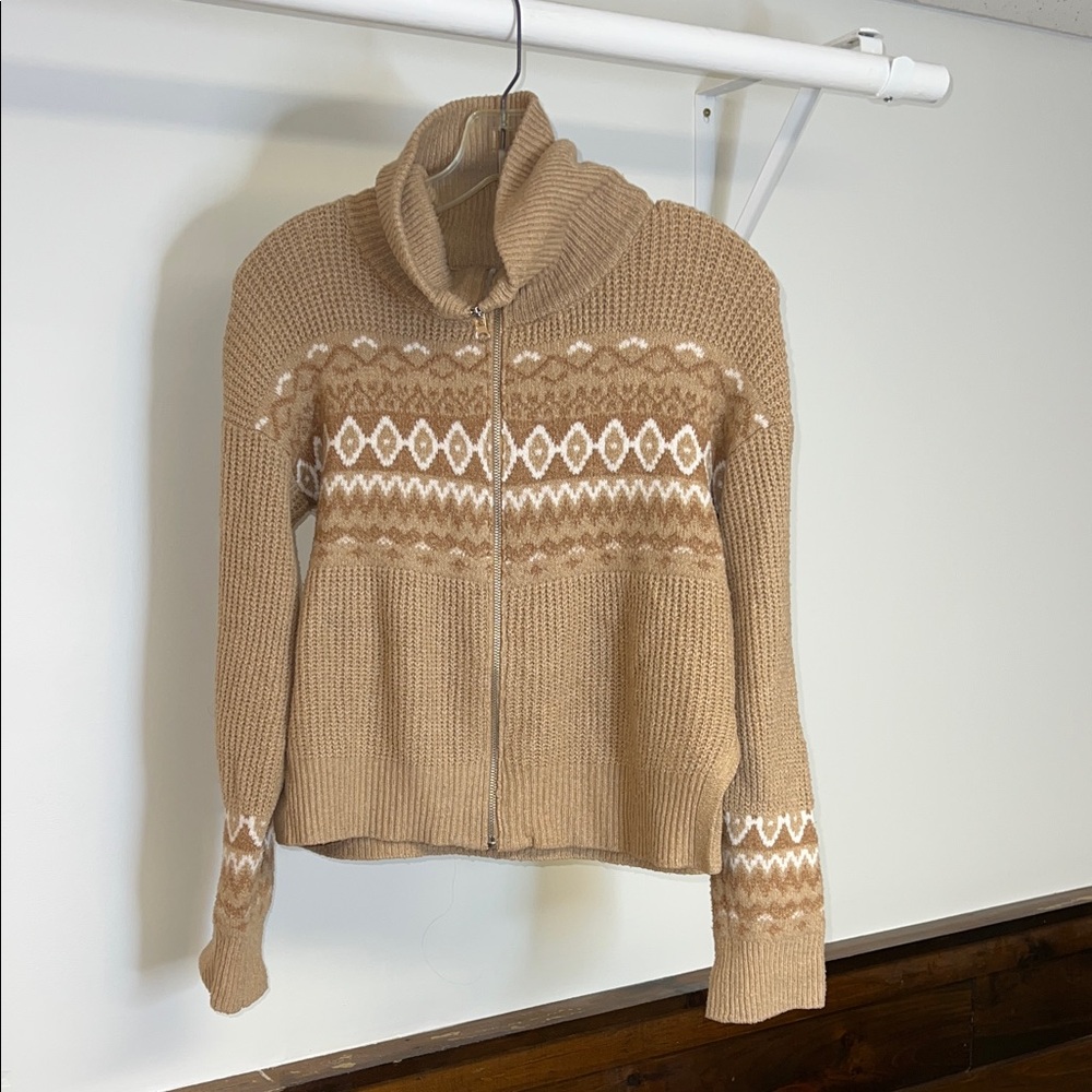 Pink Rose Tan and White Cowl Neck Zip Up Sweater- M